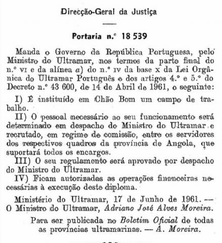Portaria n.º 18 539, de 17-06-1961, assinada pelo ministro do Ultramar, Adriano Moreira
